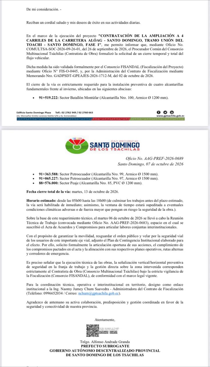 FENATRAPE informa del Cierre Temporal de la via Aloag - Santo Domingo, tramos Union del Toachi - KFC